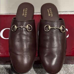 Gucci Dark Brown Leather Horsebit Slides with Gold Hardware